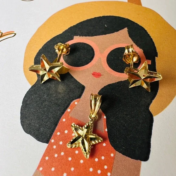 14K solid gold earrings and pendant set with chain - Picture 5 of 7